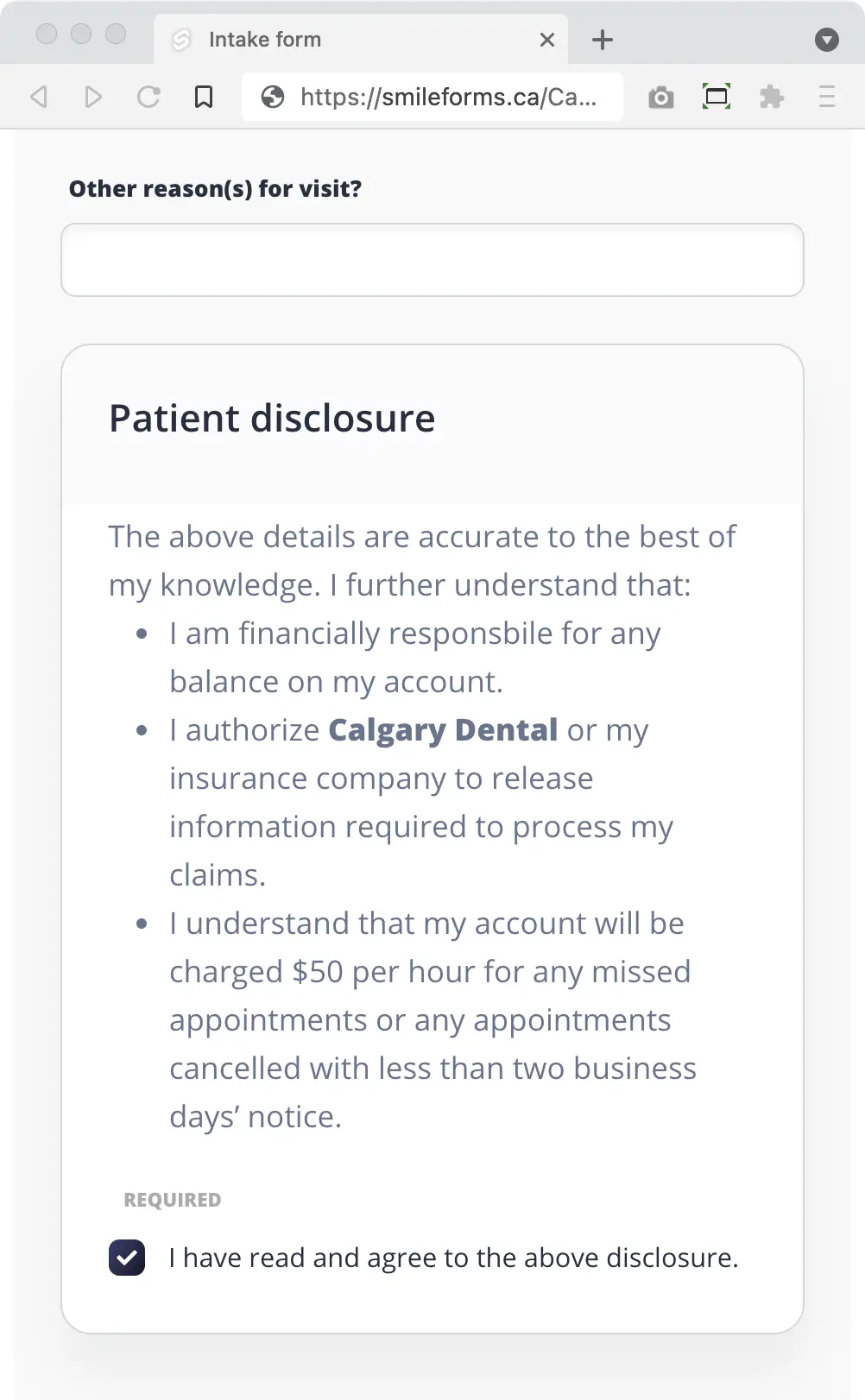 Smile Forms Screenshot: Smile Forms include legal disclosures as required by provincial dental colleges.